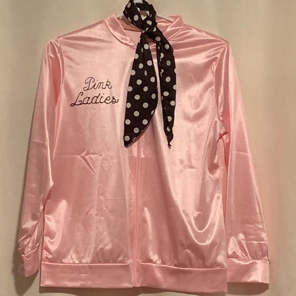 Pink ladies satin jacket and polka dot scarf